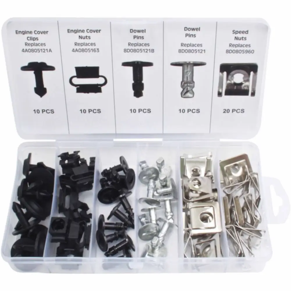 Juego de Clips para la Tapa del Motor VW Audi Skoda Seat – Kit de 60 Unidades con Tornillos y Pasadores de Montaje 2 juego clips tapa motor vw audi skoda seat